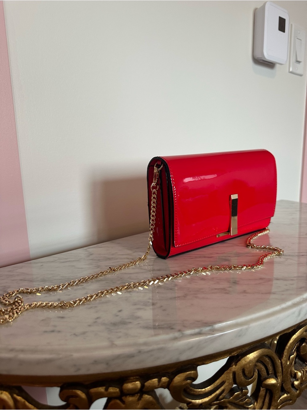 Aldo Red Patent Crossbody Bag with Gold Chain